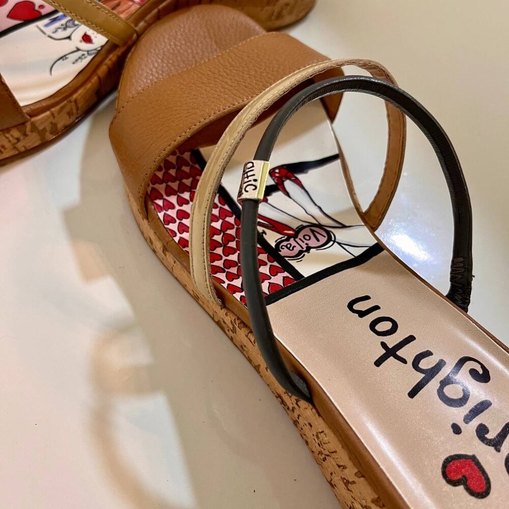 Brighton Harper Tan Beige Glam Cork Wedge Slip On Strappy Sandals Size 9.5 - Picture 10 of 14